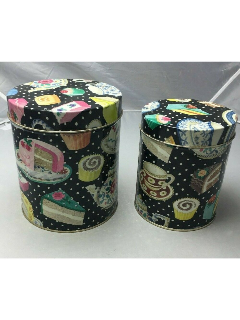 Vintage Department 56 Tea Party Nesting Set Cylinder Tins Polka Dot Cake Design
